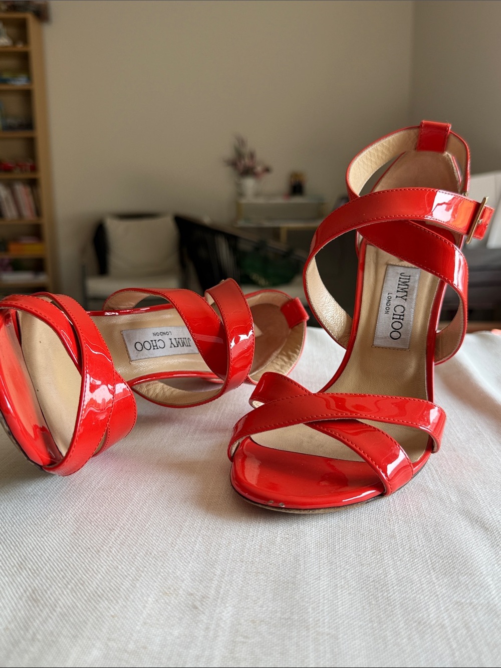Jimmy Choo Orange Patent Leather Strappy Heels EU 38.5